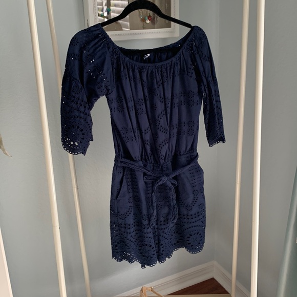 Sperry size XL navy eyelet romper with pockets and tie belt, fully lined - Picture 1 of 6